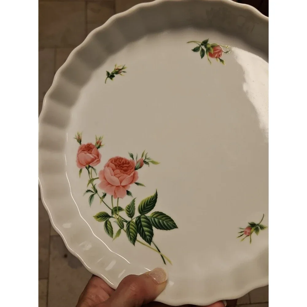 Vintage Christineholm Porcelain Rose Pie/Quiche Baking Dish w/ Scalloped edges